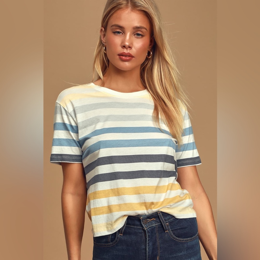 Z Supply | Rainbow Stripe Blue Multi Crew Neck Tee, Size L fits like a S or M